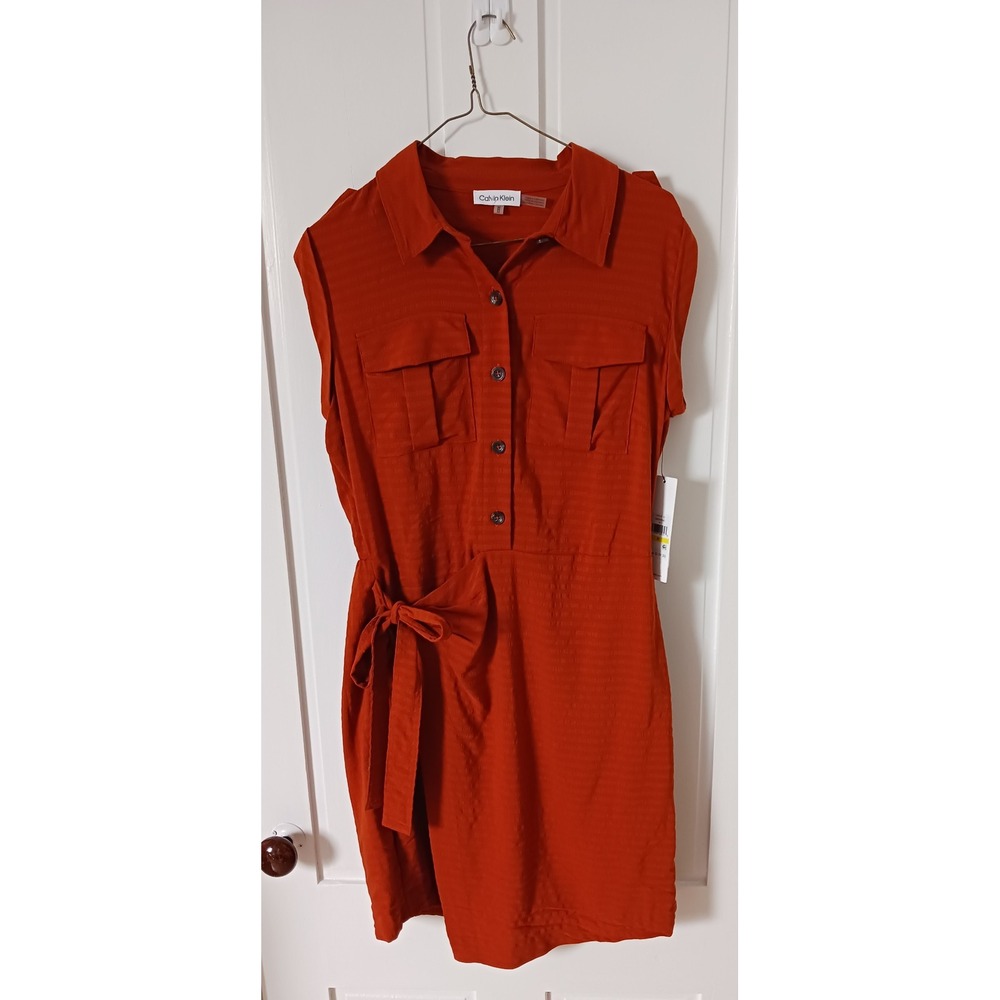 Calvin Klein Autumn Fall Orange Button Up Sleeveless Side Tie Stretch Minidress